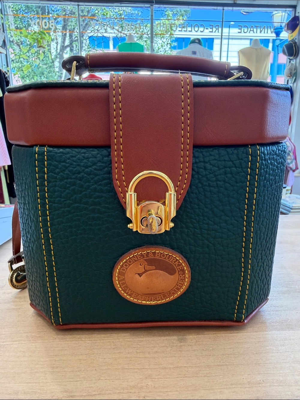 Vintage Dooney & Bourke Forest Green Pebbled Leather Box Bag with Brown Trim